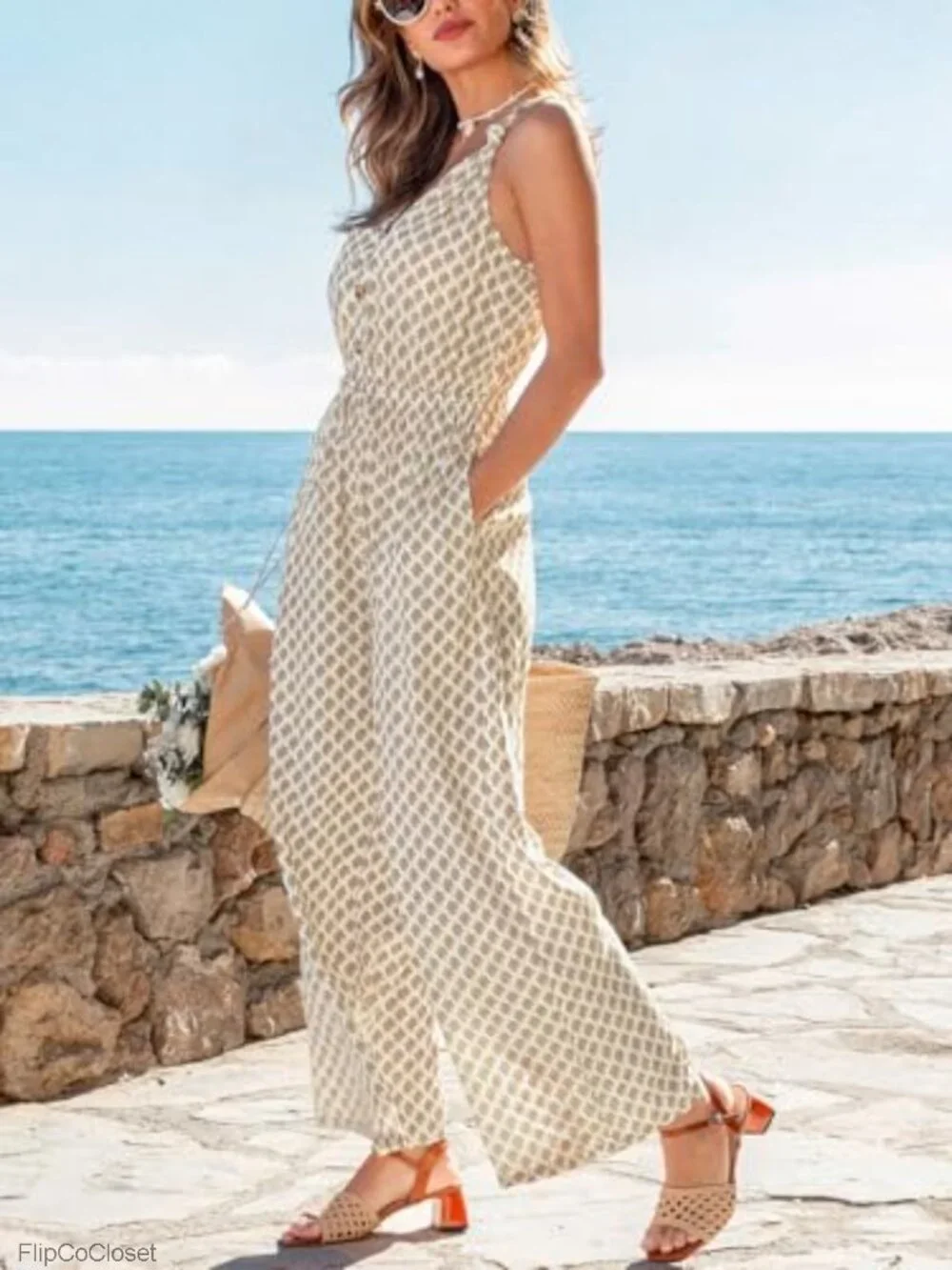 Womens Sleeveless Wide Leg Jumpsuit Loose Romper with Pockets